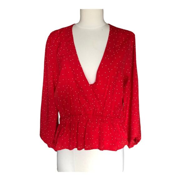 Maguire Feminine Red and White Polka Dot V-Neck Blouse with Peplum Detail Large - Picture 1 of 8